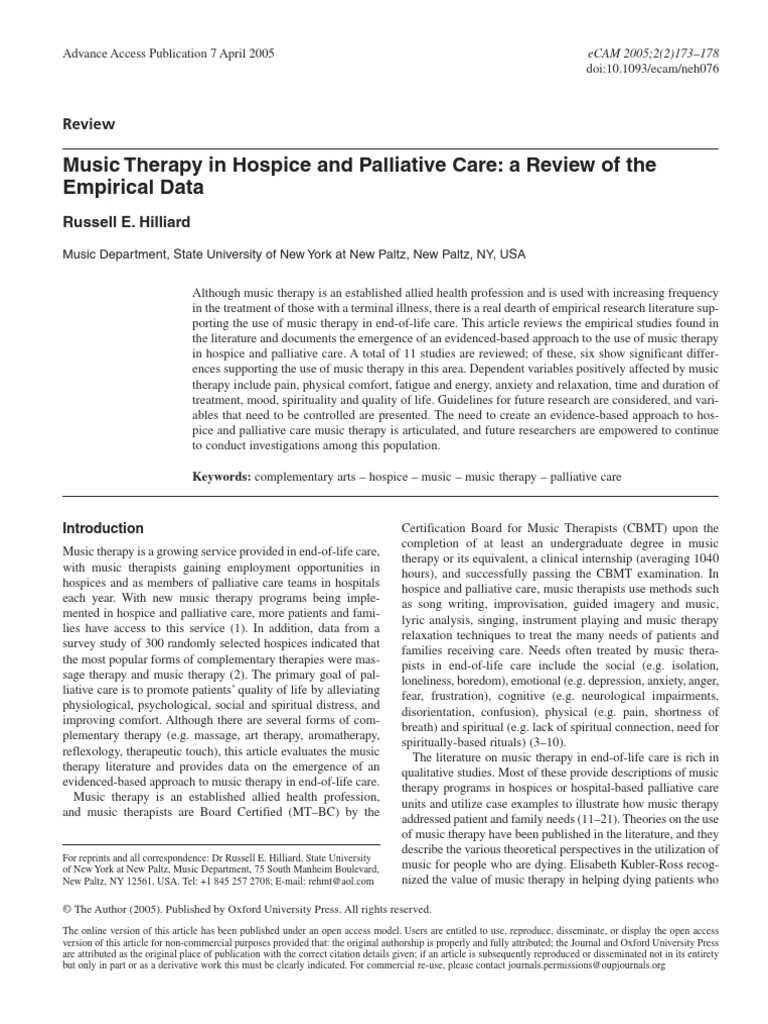 Music Therapy in Hospice and Palliative Care: A Review of The Empirical ...