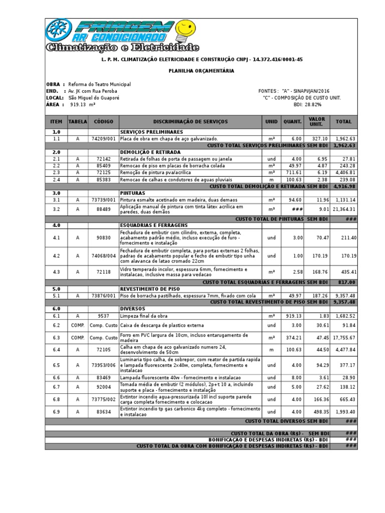 Sinapi Janeiro de 2016 – Planilhas de Obra