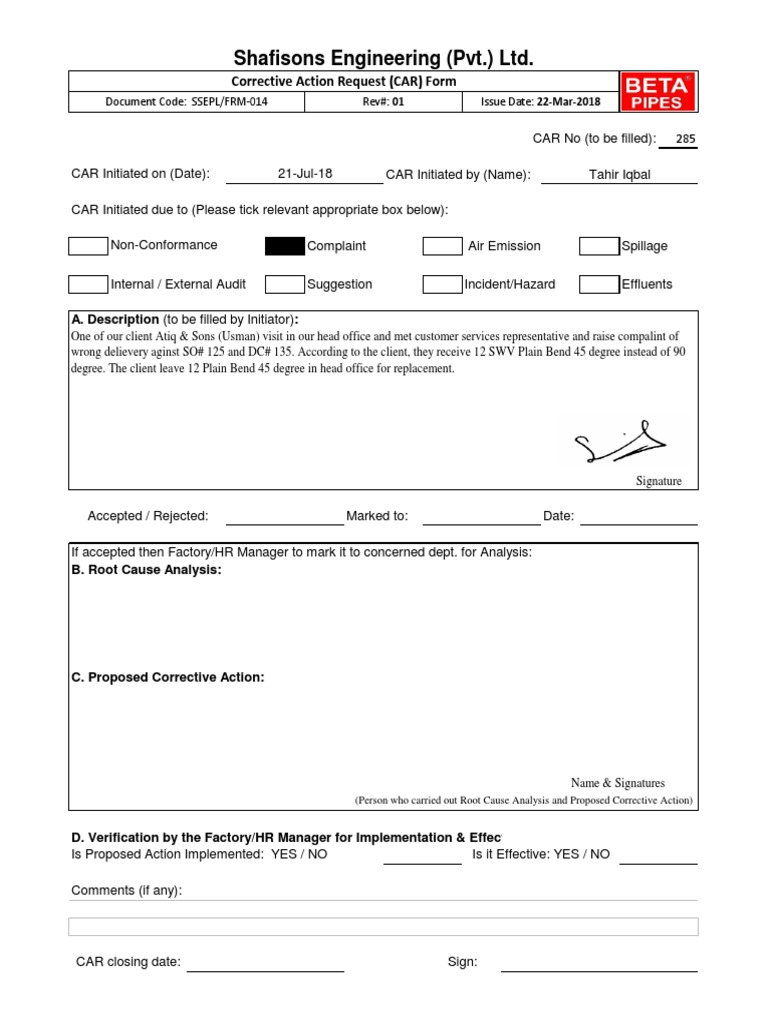 Shafisons Engineering (PVT.) LTD.: Corrective Action Request (CAR) Form ...