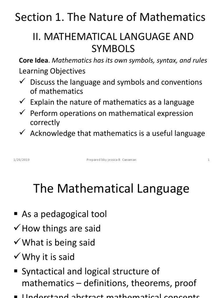 Ii. Mathematical Language And Symbols Section 1. The Nature of Mathematics English Language