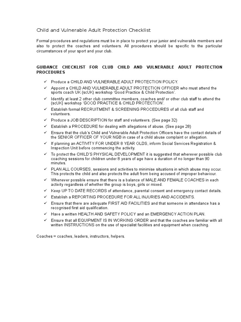 Child and Vulnerable Adult Protection Checklist PDF Child