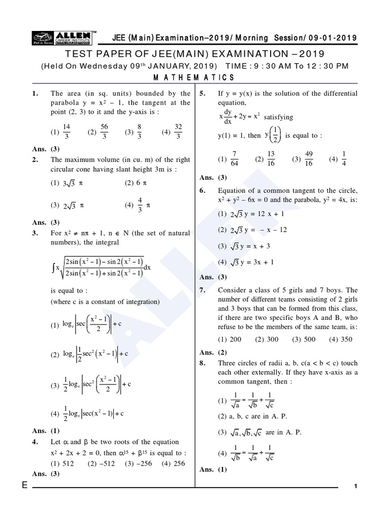 JEE Main 2019 Mathematics Test Paper | PDF | Equations | Mathematical ...