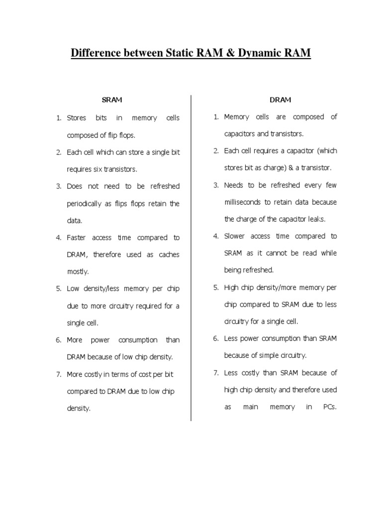 Memory Cells Difference Between Dynamic And Static Ram Hierarchy S
