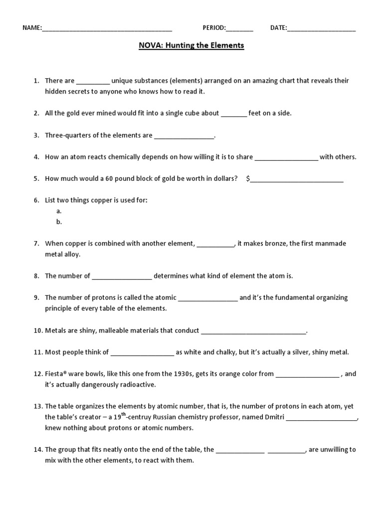 Hunting The Elements Worksheet  PDF  Chemical Elements  Atoms Intended For Nova Hunting The Elements Worksheet