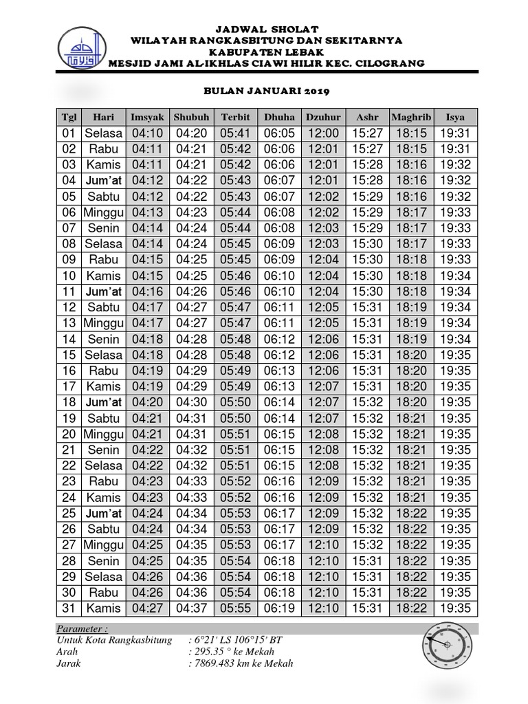 Jadwal Sholat 2019 Rangkasbitung Cetaken