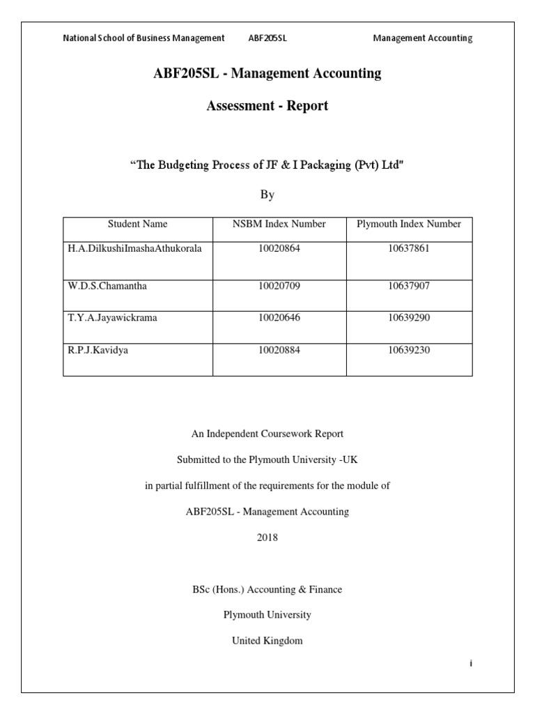 ABF205SL Management Accounting Assessment Report "The Budgeting