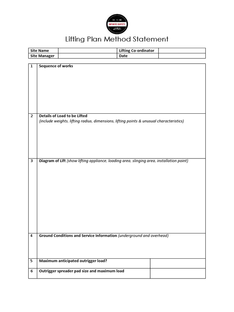 Lifting Plan Method Statement: (Include Weights, Lifting Radius ...