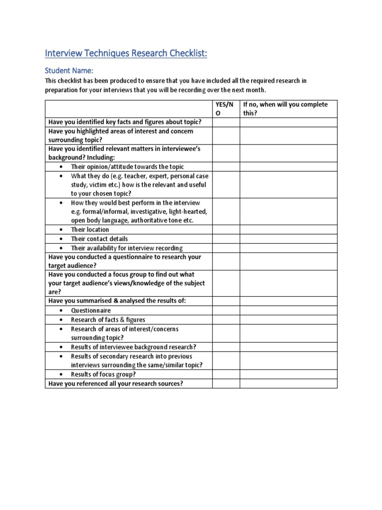 Interview Preparation Research Checklist | PDF