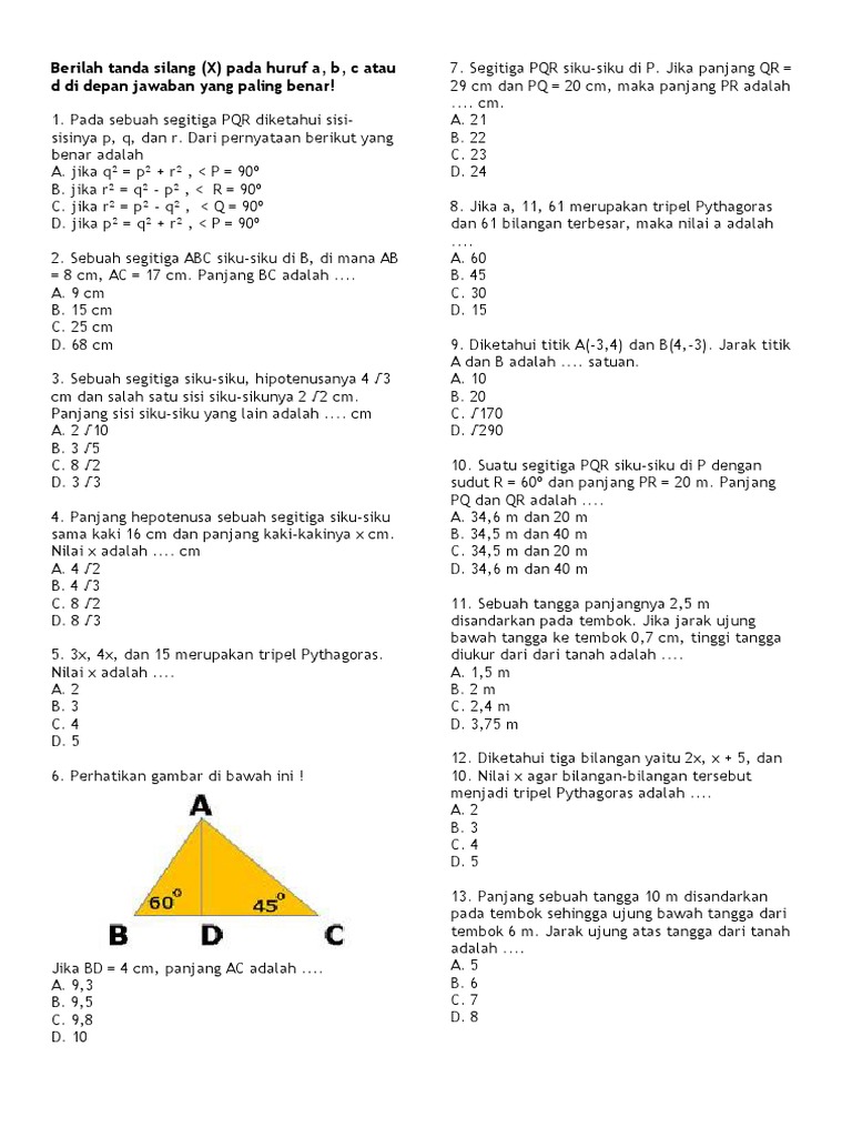 Soal Phytagoras Kelas 8