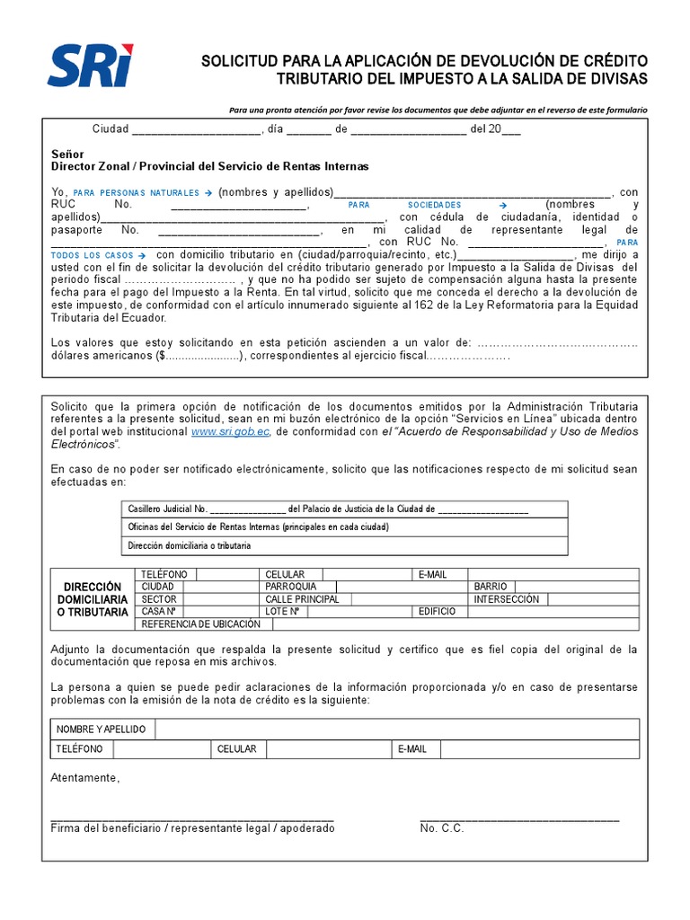 Formulario de Solicitud de Devolución Crédito Tributario