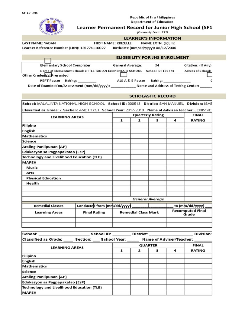 Learner Permanent Record For Junior High School (SF10-JHS) | PDF ...