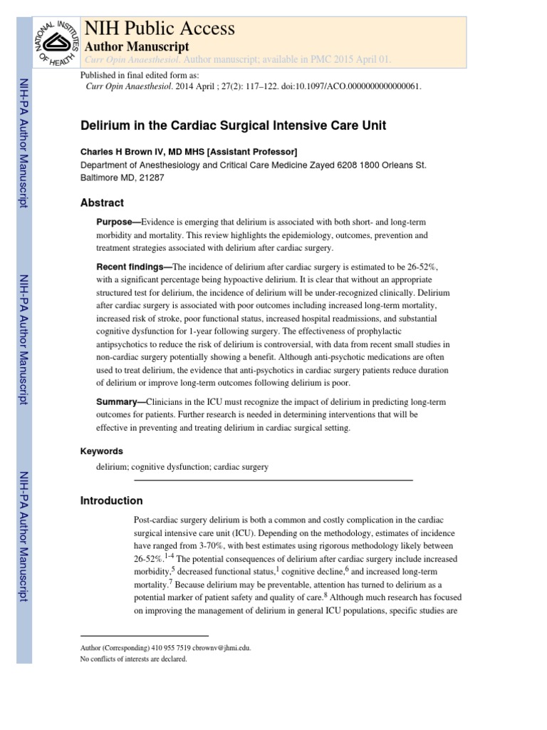 Delirium in Cardiac Surgery | PDF | Antipsychotic | Intensive Care Unit