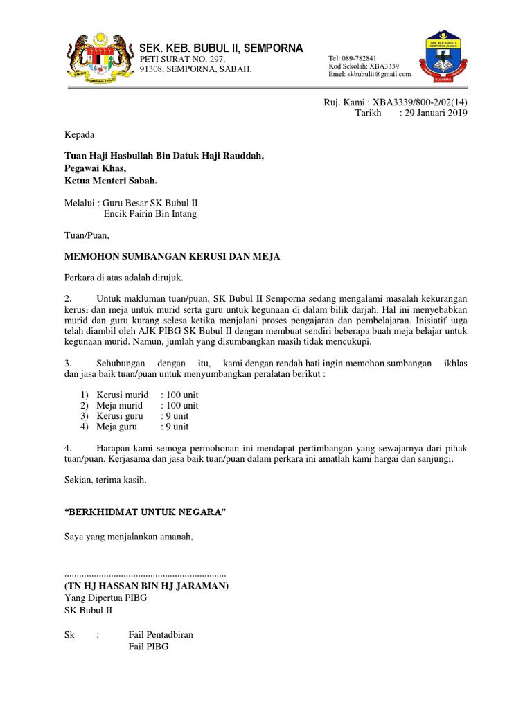 Surat Mohon Sumbangan Kerusi Meja Pdf