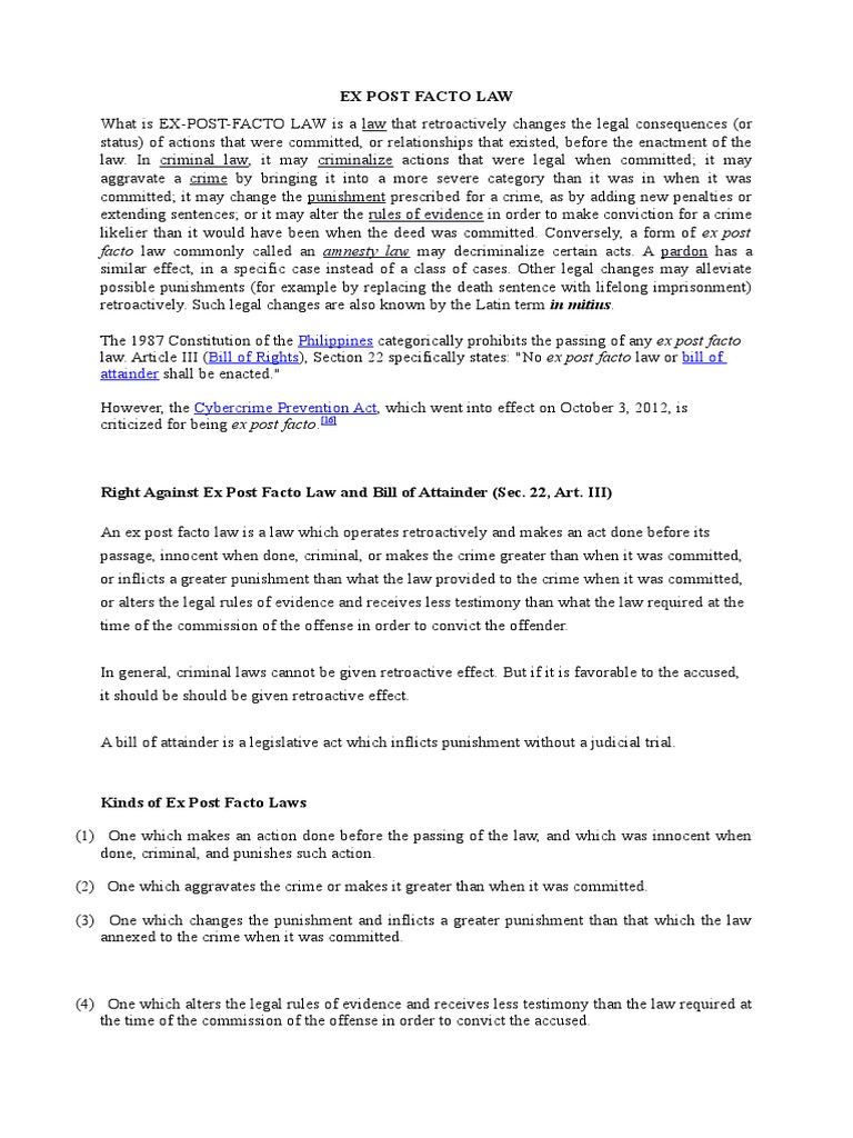 Ex Post Facto Law PDF Ex Post Facto Law Justice