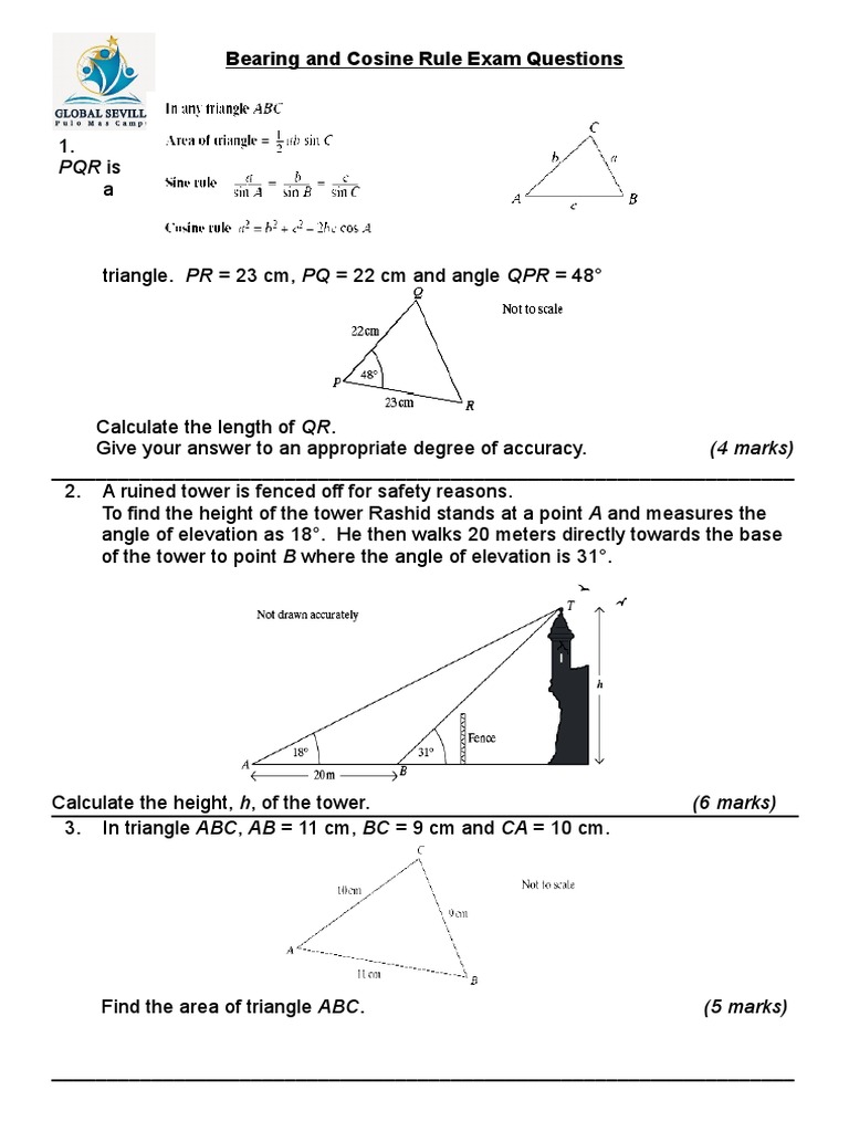 Bearing & Cosine Rule Exam Questions Solved | PDF
