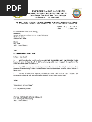 Contoh Surat Rujukan Kaunselor Kepada Pakar Psikiatris