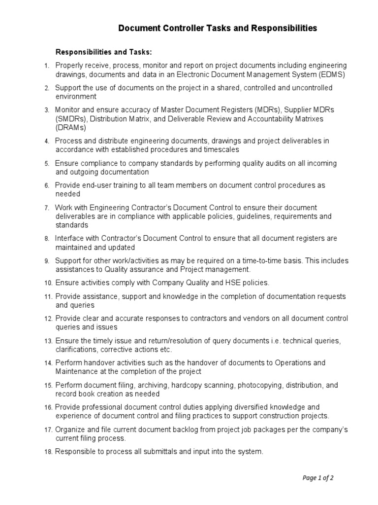 Document Controller Tasks and Responsibilities: Page 1 of 2 | PDF ...