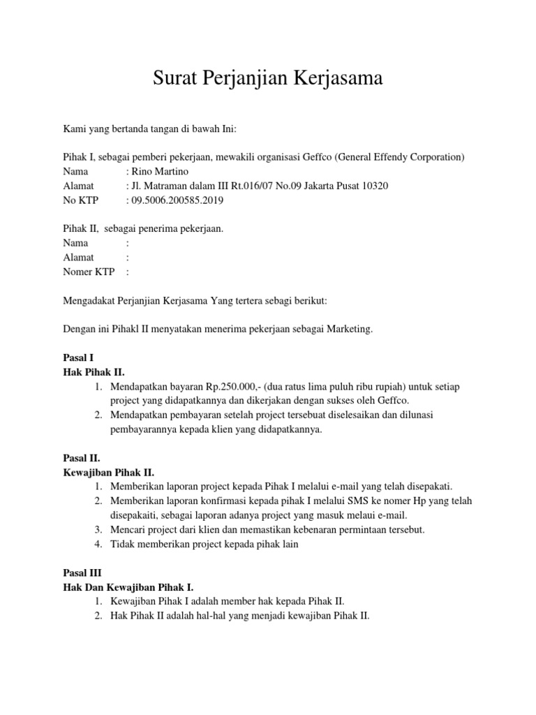 Surat Perjanjian Kerjasama Marketing Pdf