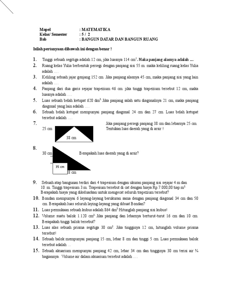 282386787 Soal Matematika Kelas 5 Semester 2 Tentang Bangun Datar Docx