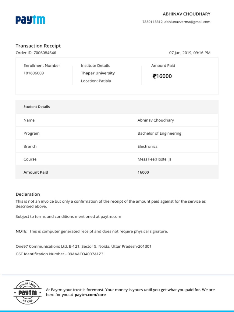 Mess Fee Reciept PDF | PDF
