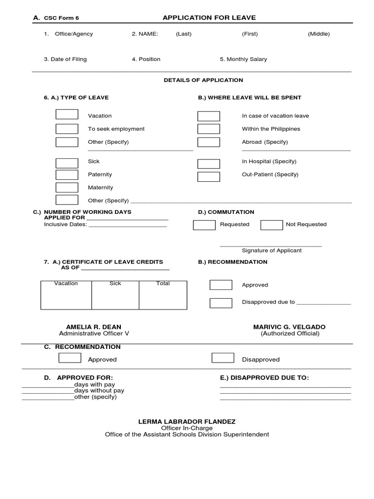 A. Application For Leave: CSC Form 6 | PDF | Government | Business