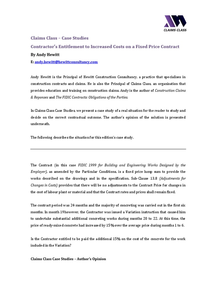 Case Study Contractor's Entitlement To Increased Costs On A Fixed