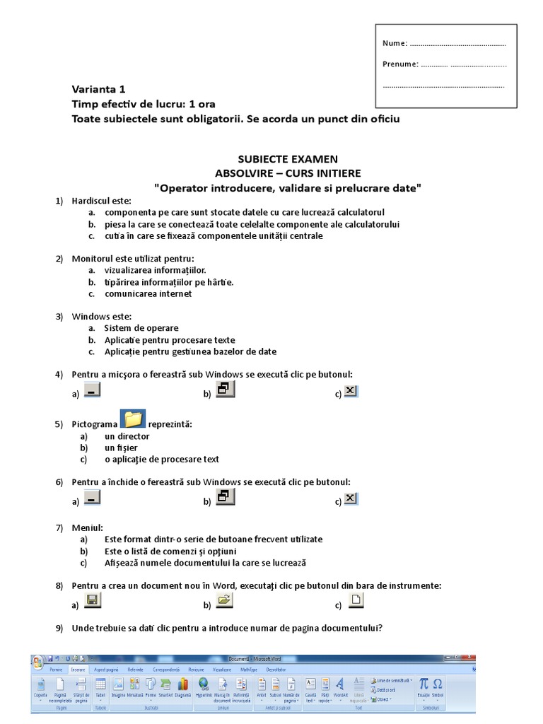 Subiecte Examen Teorie Varianta 1-5-2015 | PDF