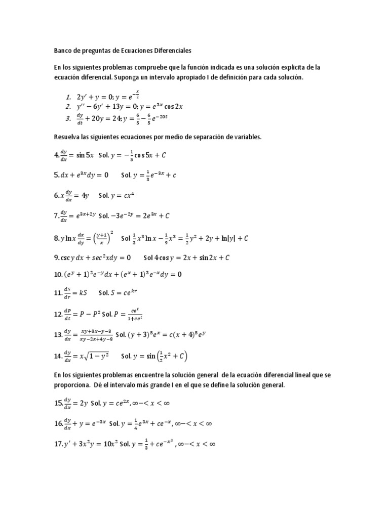 Banco De Preguntas De Ecuaciones Diferenciales Pdf Ecuaciones Diferenciales Ecuaciones