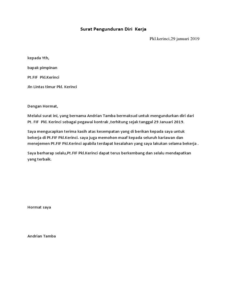 Surat Pengunduran Diri Kerja