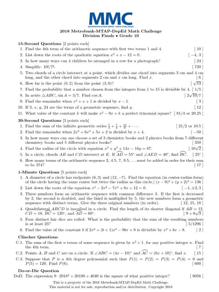 MMC Questions For Division Finals Grade 10 PDF Circle Numbers