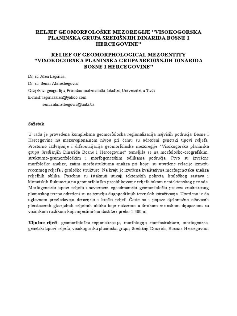 Reljef Geomorfološke Mezoregije Visokogorska Planinska Grupa Središnjih ...