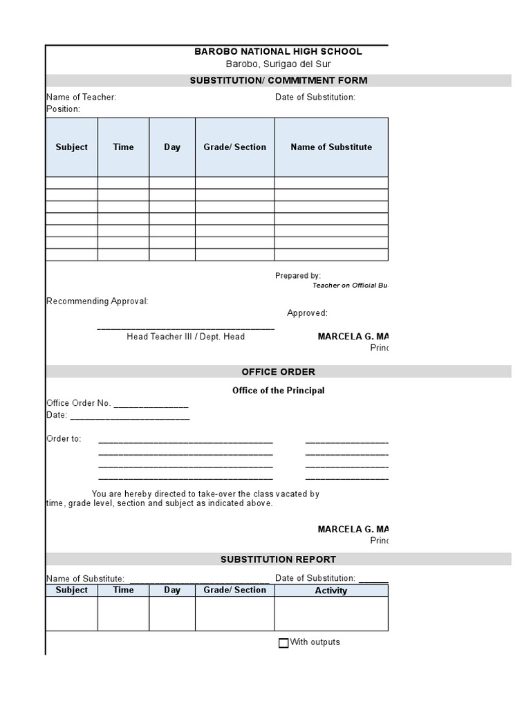 Subject Time Day Grade/ Section Name of Substitute: Barobo National ...