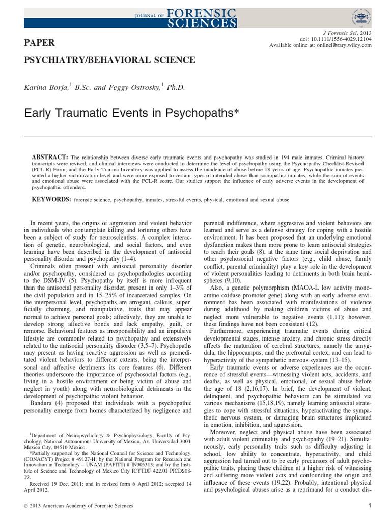 Early Traumatic Events in Psychopaths | PDF | Psychopathy | Antisocial ...