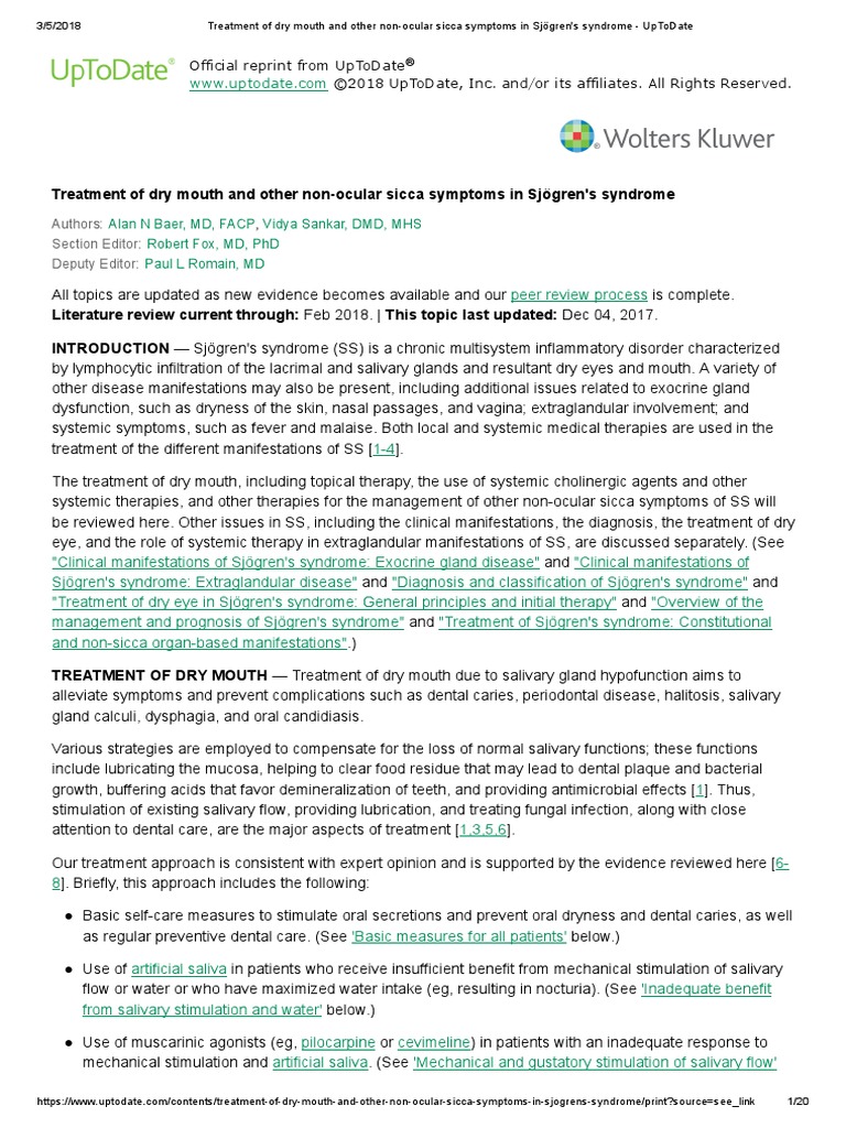 Treatment of Dry Mouth and Other NonOcular Sicca Symptoms in Sjögren's