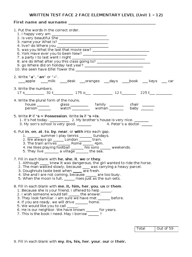 Face2Face Elementary Written Test | PDF | Verb | Adjective