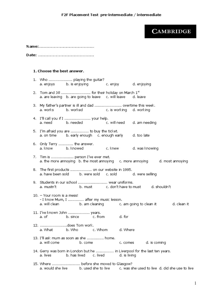 F2F Placement Test: Pre-Intermediate | PDF | Leisure