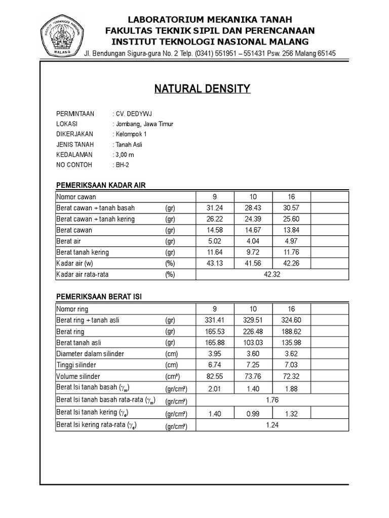 Natural Density: Laboratorium Mekanika Tanah Fakultas Teknik Sipil Dan ...