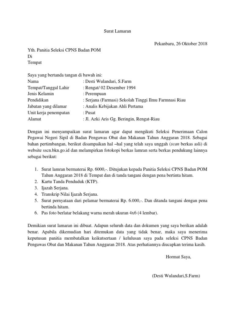 Surat Lamaran Bpom
