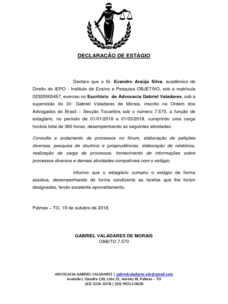 Modelo de Declaração de Estágio - Advocacia