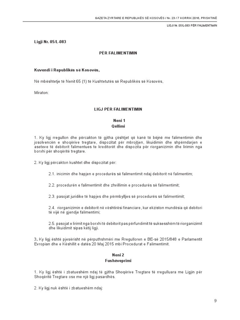 Ligji Nr. 05/L083 Për Falimentimin Gazeta Zyrtare E Republikës Së