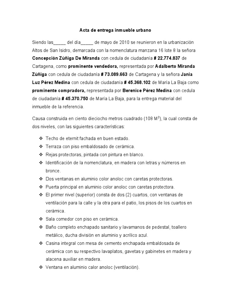 Acta de Entrega Inmueble Urbano