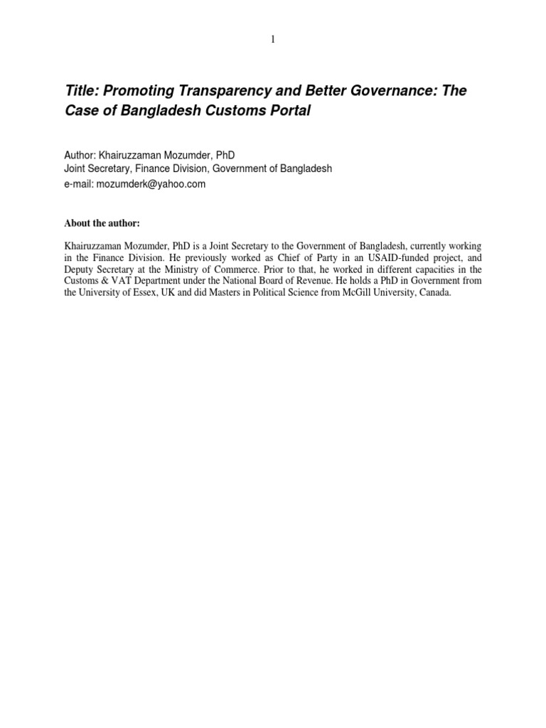 Promoting Transparency and Better Governance The Case of Bangladesh