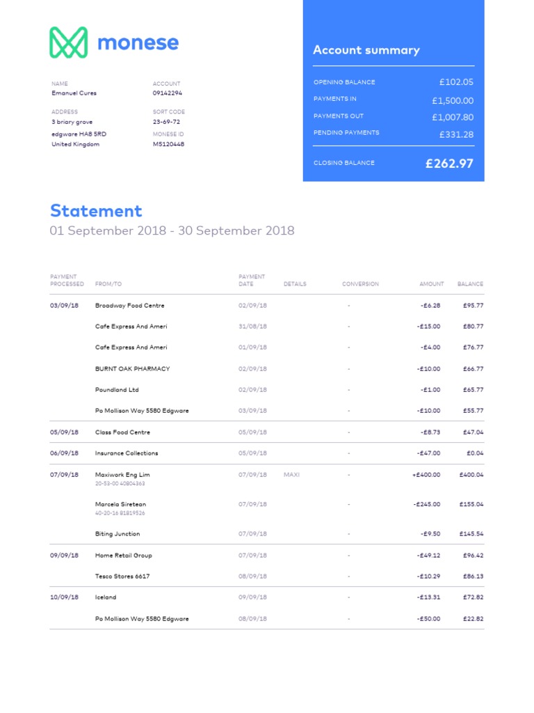 Monese Bank Statement Summary | PDF | Banking | Services (Economics)