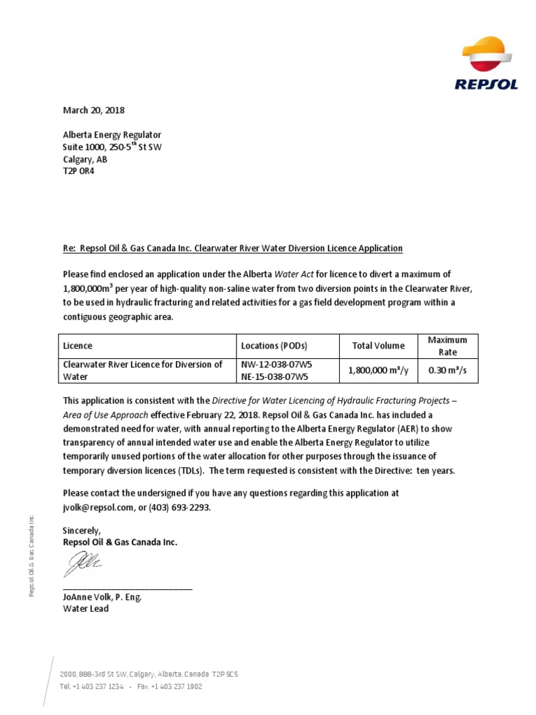 Repsol's Clearwater River Water Licence Application PDF Hydraulic