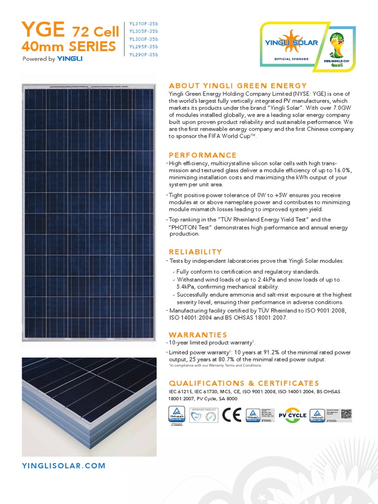 Caracteristicas Yingli 300W | PDF | Solar Power | Solar Panel