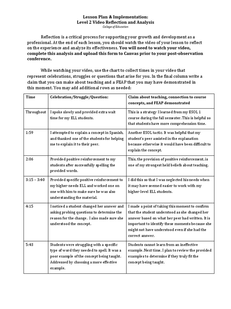 Level 2 Video Reflection Guide | PDF | Reading Comprehension | Lesson Plan