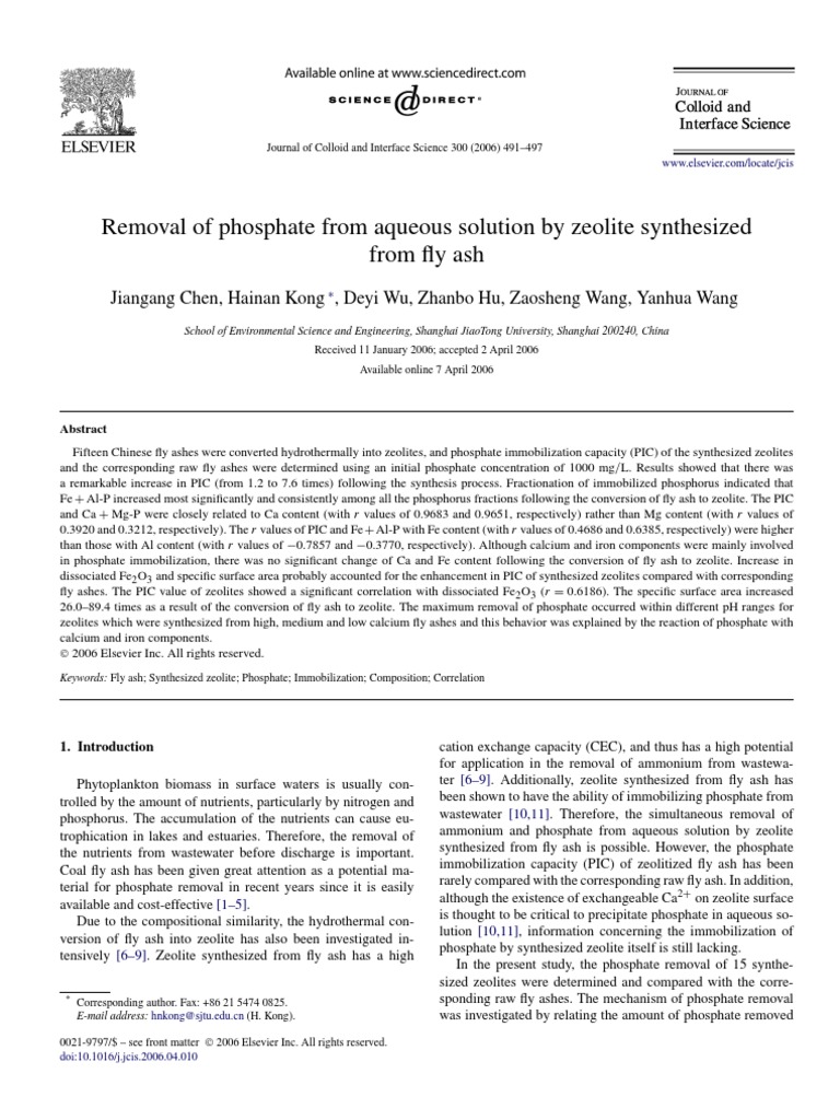 Removal of Phosphate From Aqueous Solution by Zeolite Synthesized From
