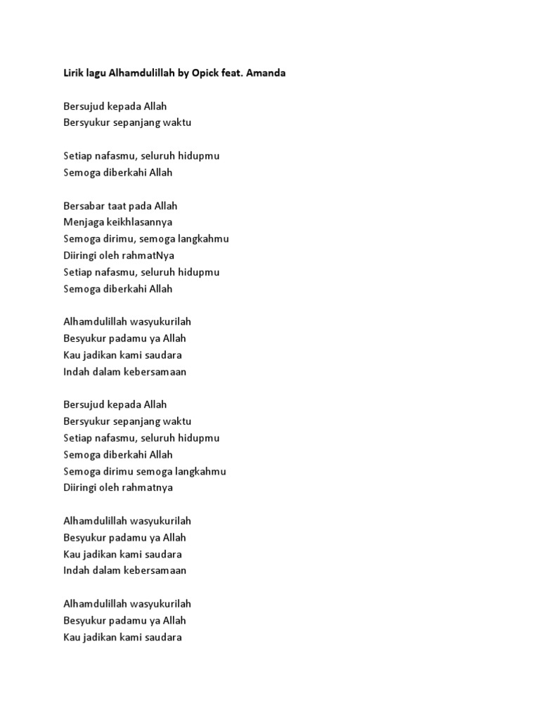 Lirik Lagu Alhamdulillah By Opick Feat Docx