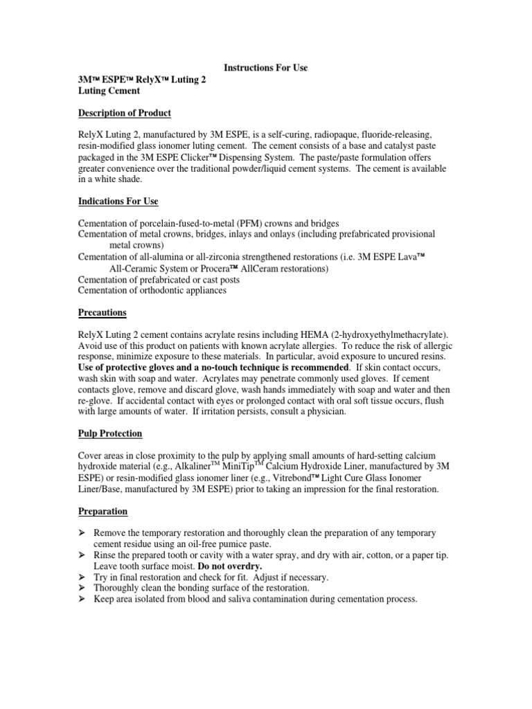 Rely X Luting Cement Instructions Dental Material Nature