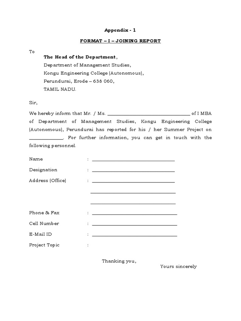 Appendix - 1 Format - I - Joining Report | PDF